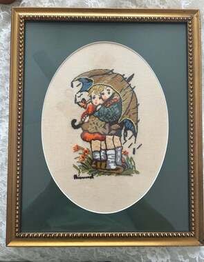 Vintage Hummel Umbrella Children Framed Crewel Embroidery Needlework 13x10